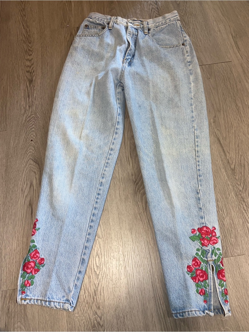 Light Wash Boyfriend Jeans with Red Rose Embroidery